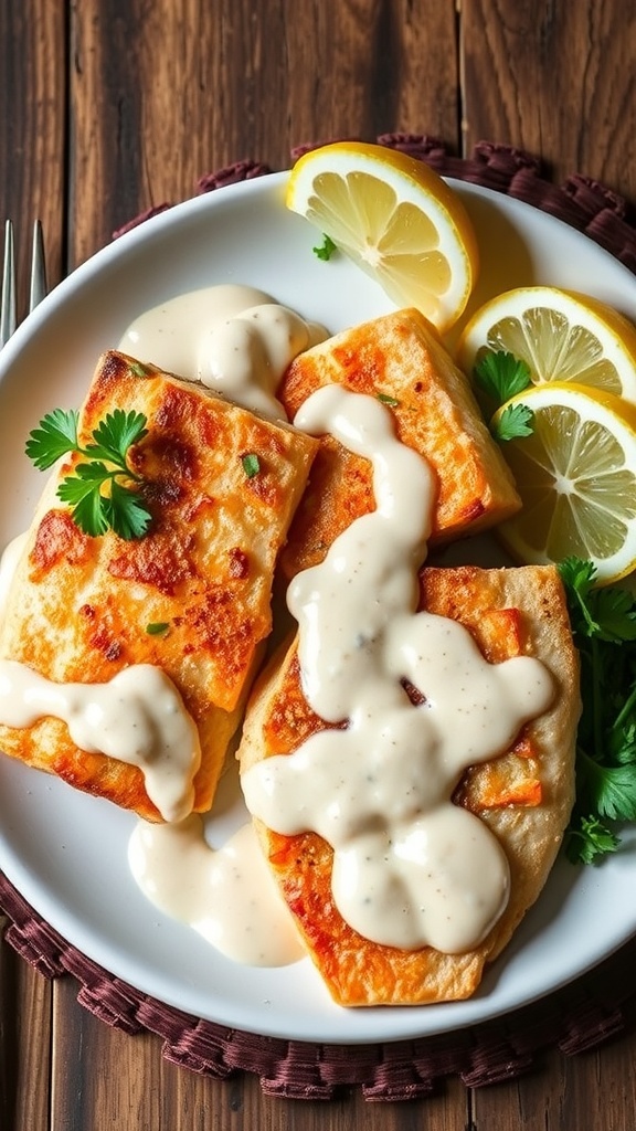 Creamy Garlic Tilapia Recipe Creamy garlic tilapia fillets in a rich sauce, garnished with parsley and lemon on a rustic table.